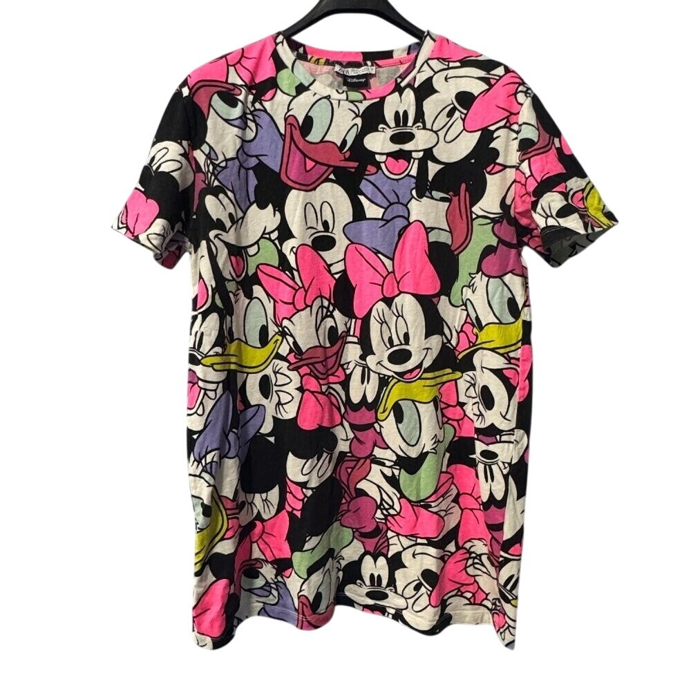 Zara Disney Mickey Mouse Friends All Over Print T-Shirt Pink Multi Womens Small‎